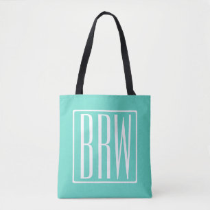 Bolsa Tote Bold Modern 3 Iniciais Monograma   Branco Em Aqua