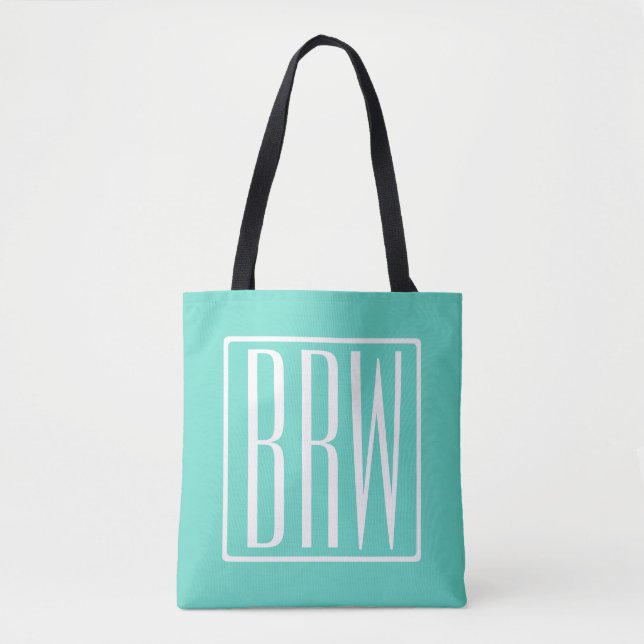 Bolsa Tote Bold Modern 3 Iniciais Monograma | Branco Em Aqua (Frente)