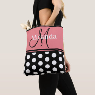 Bolsa Tote Bolinhas brancas cor-de-rosa pretas com script mon