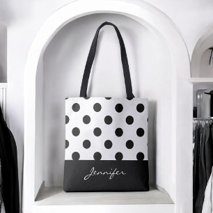 Bolsa Tote Bolinhas chiques preto e branco com monograma