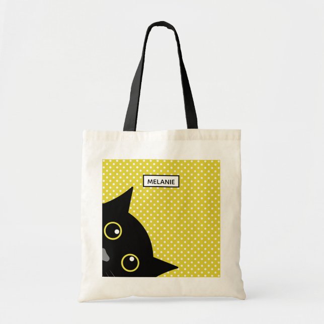 Bolsa Tote Bolinhas curiosas do amarelo do gato preto (Frente)