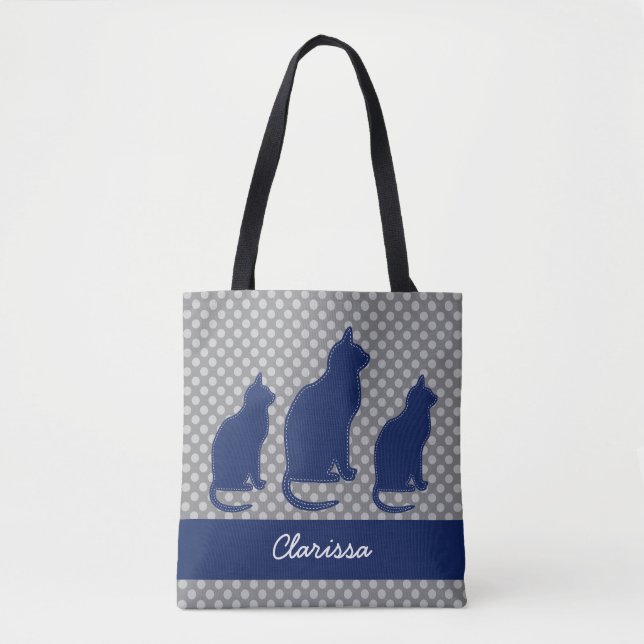 Bolsa Tote Bolinhas de cinzas com Gatos Azuis Marinhos (Frente)