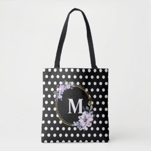 Bolsa Tote Bolinhas de flores de impressão preto monograma