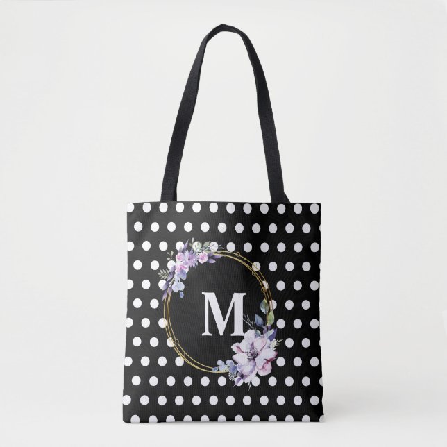 Bolsa Tote Bolinhas de Flores de Vintagem Preta Monograma (Frente)