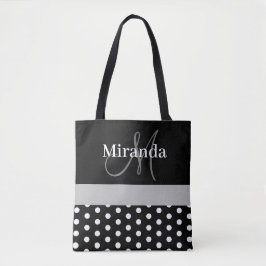 Bolsa Tote Bolinhas de Script de Cinza Branca Preta