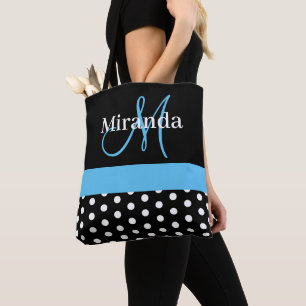Bolsa Tote Bolinhas de Script de Monograma Azul Branco Preto