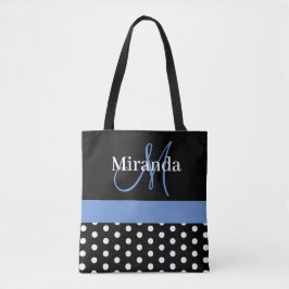 Bolsa Tote Bolinhas de Script de Monograma Azul Branco Preto