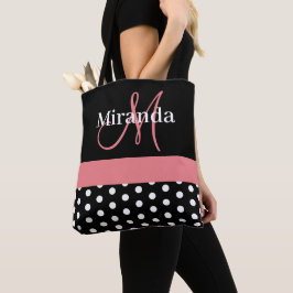 Bolsa Tote Bolinhas de Script do Monograma Cor-de-Rosa Preta