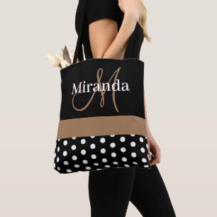 Bolsa Tote Bolinhas de Script do Monograma Preto-Branco