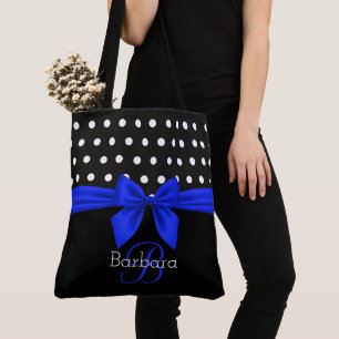 Bolsa Tote Bolinhas Moderna de Script de Monograma Azul Branc