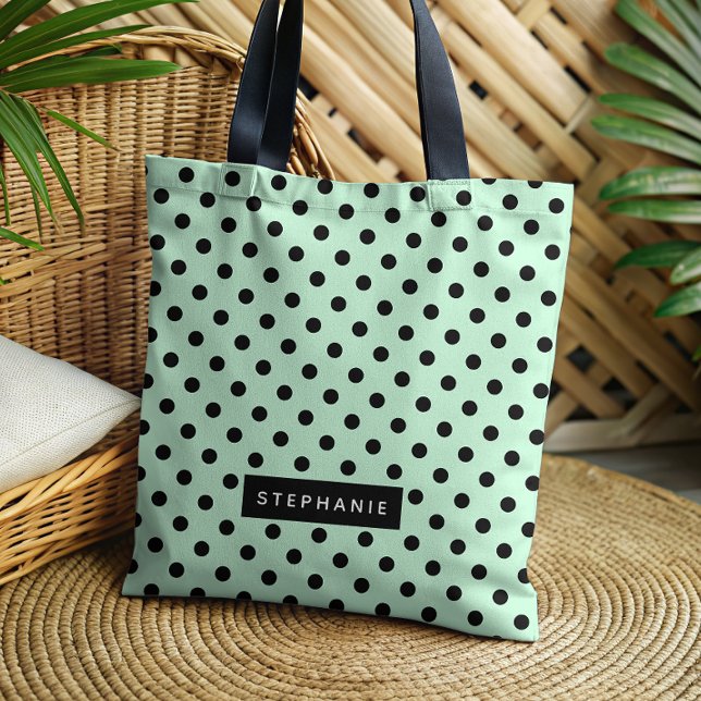 Bolsa Tote Bolinhas Preta Verde Moderna Personalizada (Criador carregado)