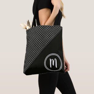 Bolsa Tote Bolinhas pretas e brancas e monograma sólido
