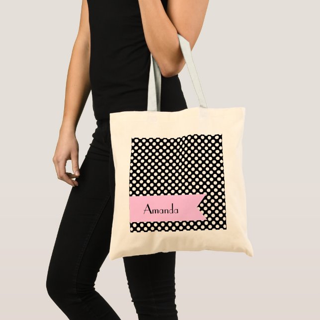 Bolsa Tote Bolinhas Pretas e Brancas, Pontas, Seu Nome (Frente (produto))