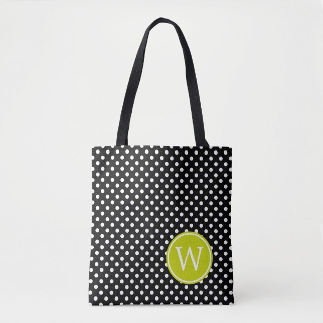 Bolsa Tote Bolinhas preto e branco com monograma do verde (Frente)