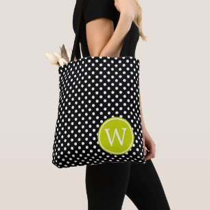Bolsa Tote Bolinhas preto e branco com monograma do verde