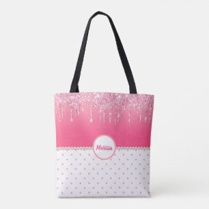 Bolsa Tote Bolinhas Rosa E Glitter De Prata Monogramadas