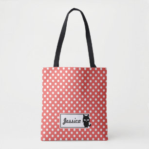 Bolsa Tote Bolinhas Vermelha e Gato Preto Personalizado