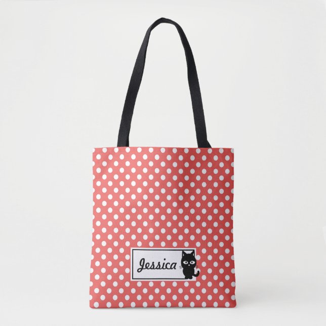 Bolsa Tote Bolinhas Vermelha e Gato Preto Personalizado (Frente)