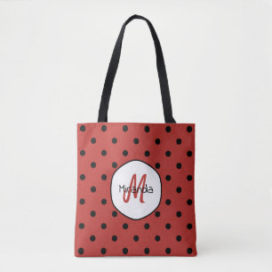 Bolsa Tote Bolinhas vermelhas pretas nome e monograma do