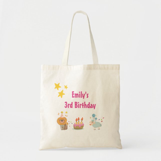 Bolsa Tote Bolo de Aniversário com Festa de Leão Feliz Aniver (Frente)