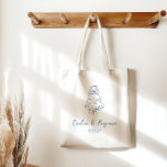 Bolsa Tote Bolo de Casamento de Portas Azuis Francês, Manuscr<br><div class="desc">Celebre seu dia especial com este Saco de Bolo de Bolo de Bolo de Bolo de Bolo de Bolo Azul com Escrita Manual em Vintage. Com um belo desenho de bolo de rabiscar francês, azul e branco, e um arco de coquetes, este bolsa combina um design minimalista e elegante com...</div>