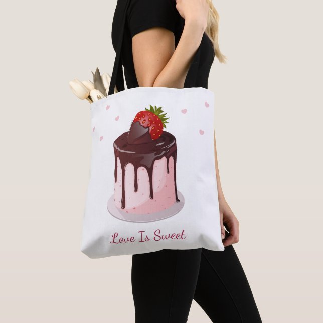 Bolsa Tote Bolo de Morango Coberta com Chocolate O Amor é Doc (Close Up)