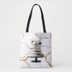 Bolsa Tote Bolo de Noiva Floral Preto e Branco Dourado em Cam