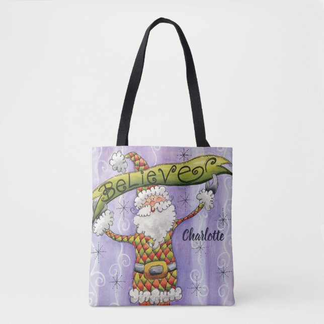 Bolsa Tote Bom Natal de Cartoon, acredito em Papai Noel (Frente)