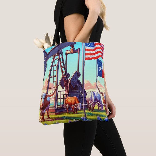 Bolsa Tote Bomba de petróleo e gado Longhorn no Texas (Close Up)