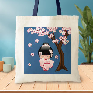 Bolsa Tote Boneca branca de Kokeshi do quimono - menina de