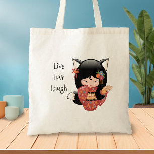 Bolsa Tote Boneca de Kitsune Kokeshi - menina de gueixa do