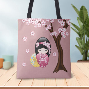 Bolsa Tote Boneca de Kokeshi do primavera - menina de gueixa