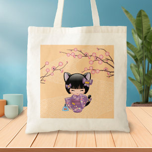 Bolsa Tote Boneca de Neko Kokeshi - menina de gueixa das
