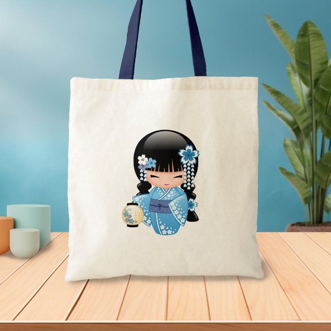 Bolsa Tote Boneca de Winter Kokeshi - Blue Kimono Geisha Girl (Criador carregado)