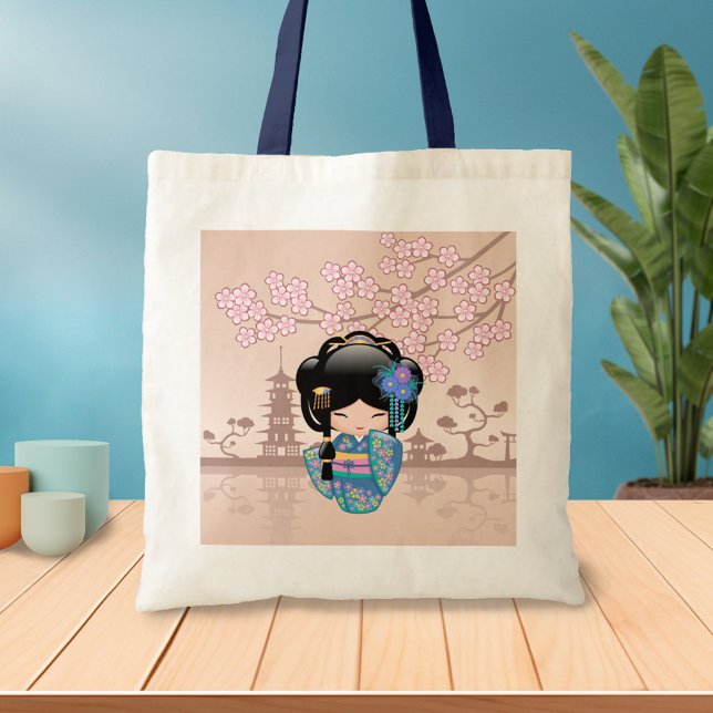Bolsa Tote Boneca Keiko Kokeshi - Rapariga Kimono Geisha Azul (Criador carregado)