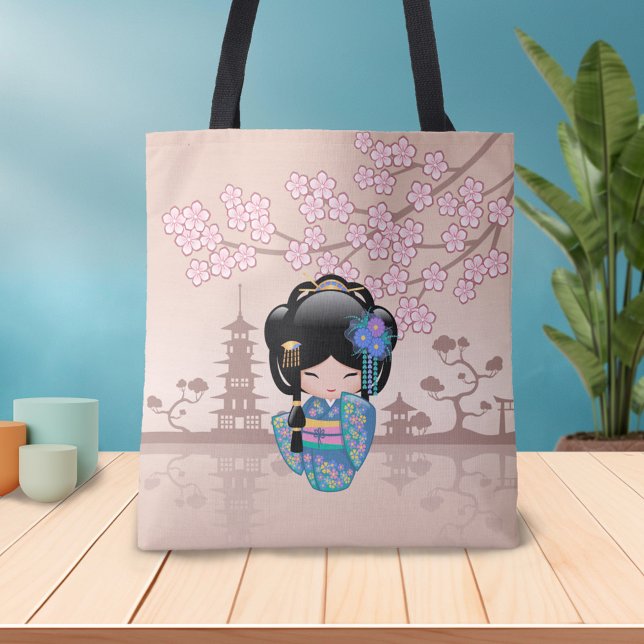 Bolsa Tote Boneca Keiko Kokeshi - Rapariga Kimono Geisha Azul (Criador carregado)