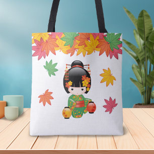 Bolsa Tote Boneca Kokeshi de outono - Garota Kimono Geisha Ve