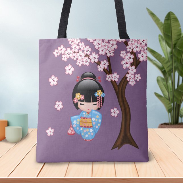 Bolsa Tote Boneca Maiko Kokeshi - Rapariga Kimono Geisha Azul (Criador carregado)