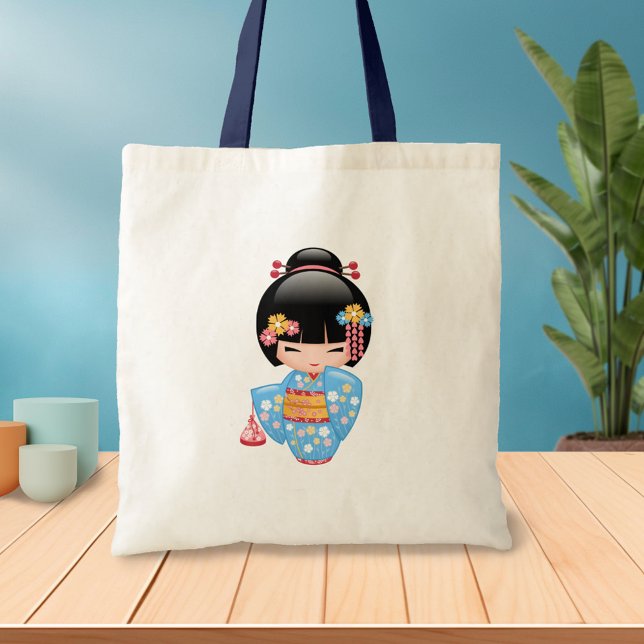 Bolsa Tote Boneca Maiko Kokeshi - Rapariga Kimono Geisha Azul (Criador carregado)