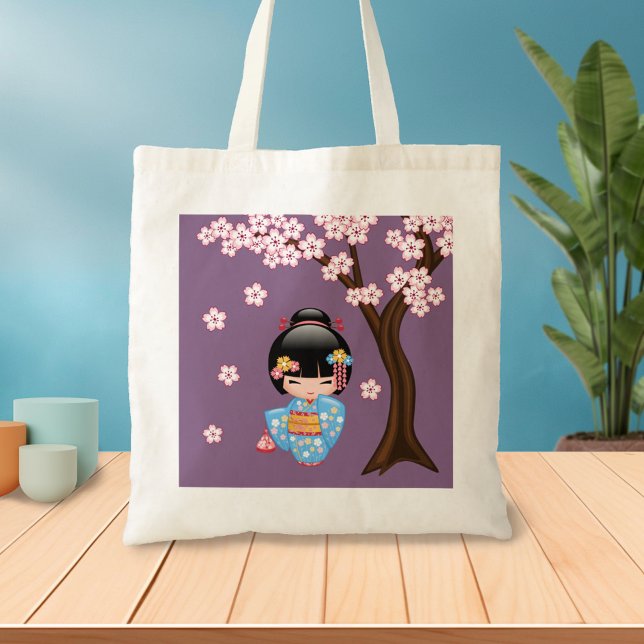 Bolsa Tote Boneca Maiko Kokeshi - Rapariga Kimono Geisha Azul (Criador carregado)