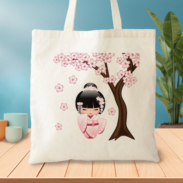 Bolsa Tote Boneca White Kimono Kokeshi - Garota Gisha Bonita (Criador carregado)