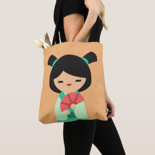 Bolsa Tote Bonecas japonesas cor-de-rosa Kokeshi