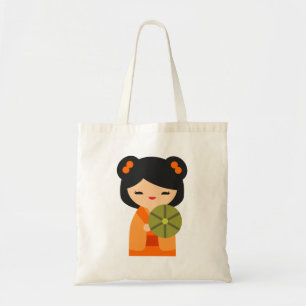 Bolsa Tote Bonecas japonesas de laranja-branca Kokeshi