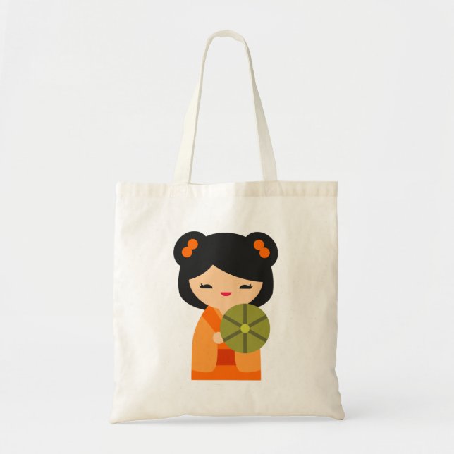 Bolsa Tote Bonecas japonesas de laranja-branca Kokeshi (Frente)