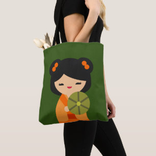 Bolsa Tote Bonecas japonesas laranja-brancas Kokeshi