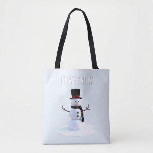 Bolsa Tote Boneco de neve com chapéu e cachecol. Eu Amo Neve
