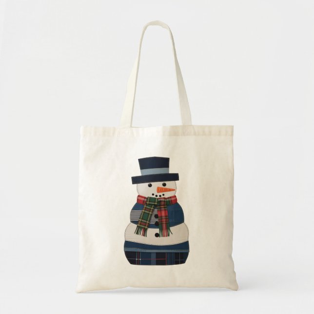 Bolsa Tote Boneco de Neve de Patchwork Falso Férias Natal (Frente)
