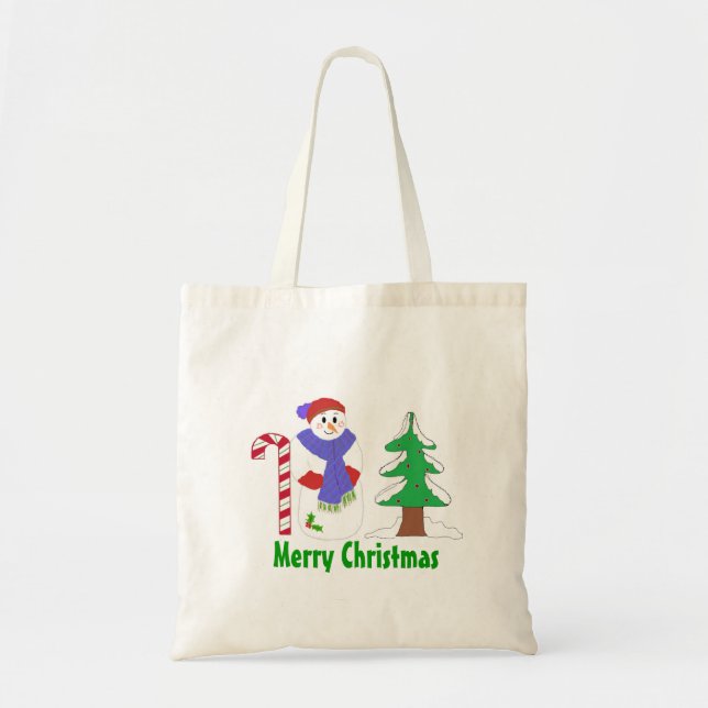 Bolsa Tote Boneco de Neve Fofo com Cana de Açúcar e Árvore (Frente)