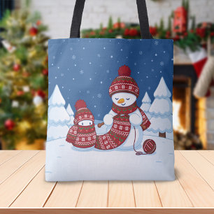 Bolsa Tote Boneco de Neve Tricotando Cachecol de Natal