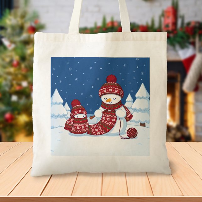 Bolsa Tote Boneco de Neve Tricotando Cachecol de Natal (Criador carregado)